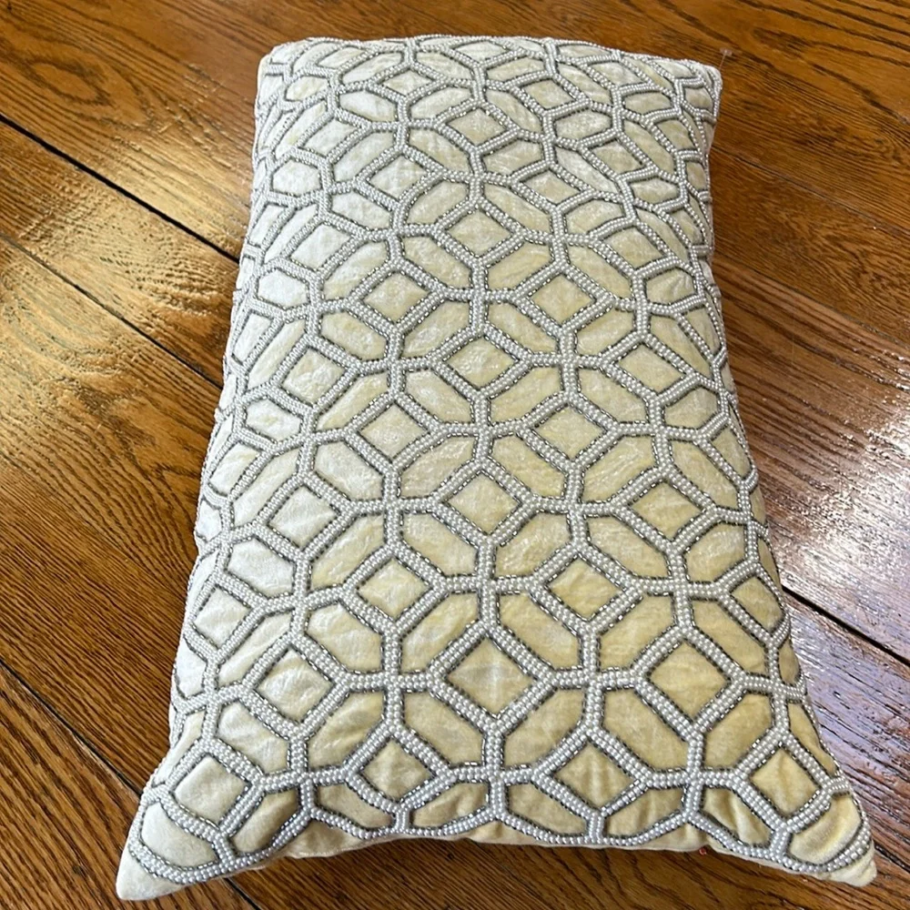 Artistic Accents 14”x24” accent pillow with silver beads and white pearl beads.